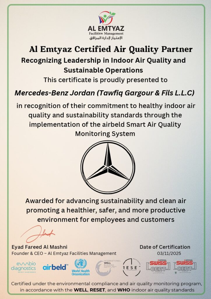 مرسيدس بنز الأردن تعتمد نظام airbeld من شركة الامتياز لتعزيز جودة الهواء في بيئة العمل 1 Clean Air Certified Partner – Mercedes-Benz